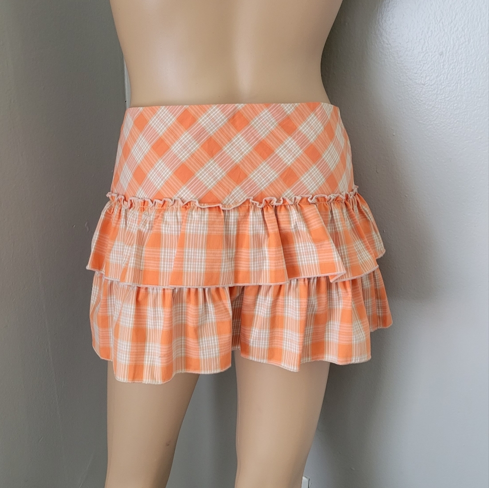 NWOT! SELECTIONS ORANGE PLAID RUFFLE MINI SKIRT - Picture 4 of 5